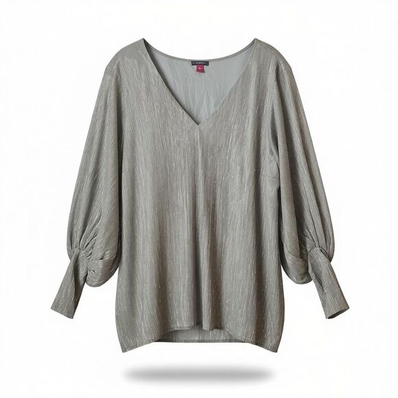 Vince Camuto Tops - Vince Camuto Shimmer V-Neck Blouse Women's Champagne Gold Smocked Cuff Sleeve XL